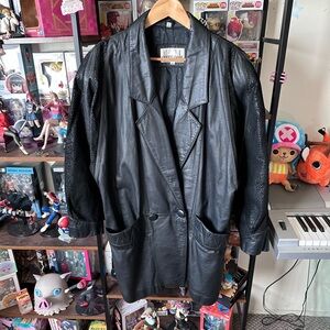 Vintage Donna Pelle Black Leather Coat M Oversized Classic Leather Jacket